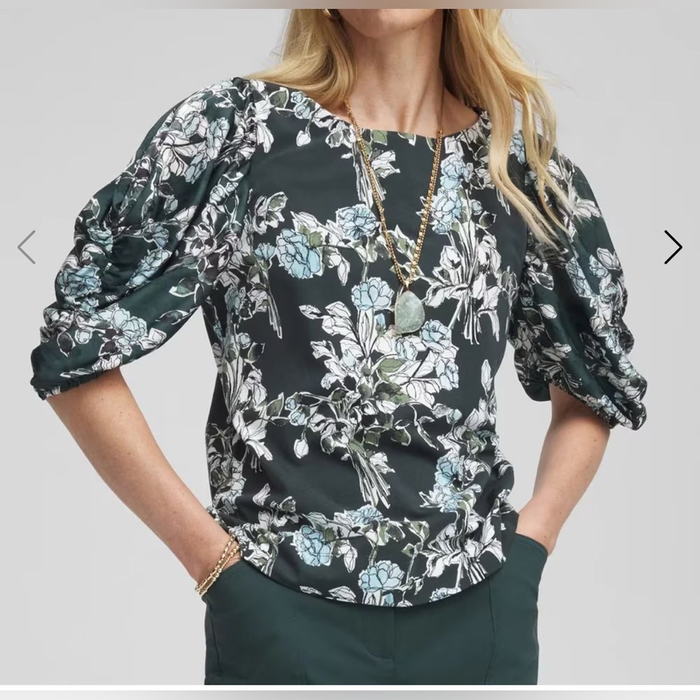 Chicos Crewneck Bubble Sleeve Blouse in Darkest Spruce| Size: 3